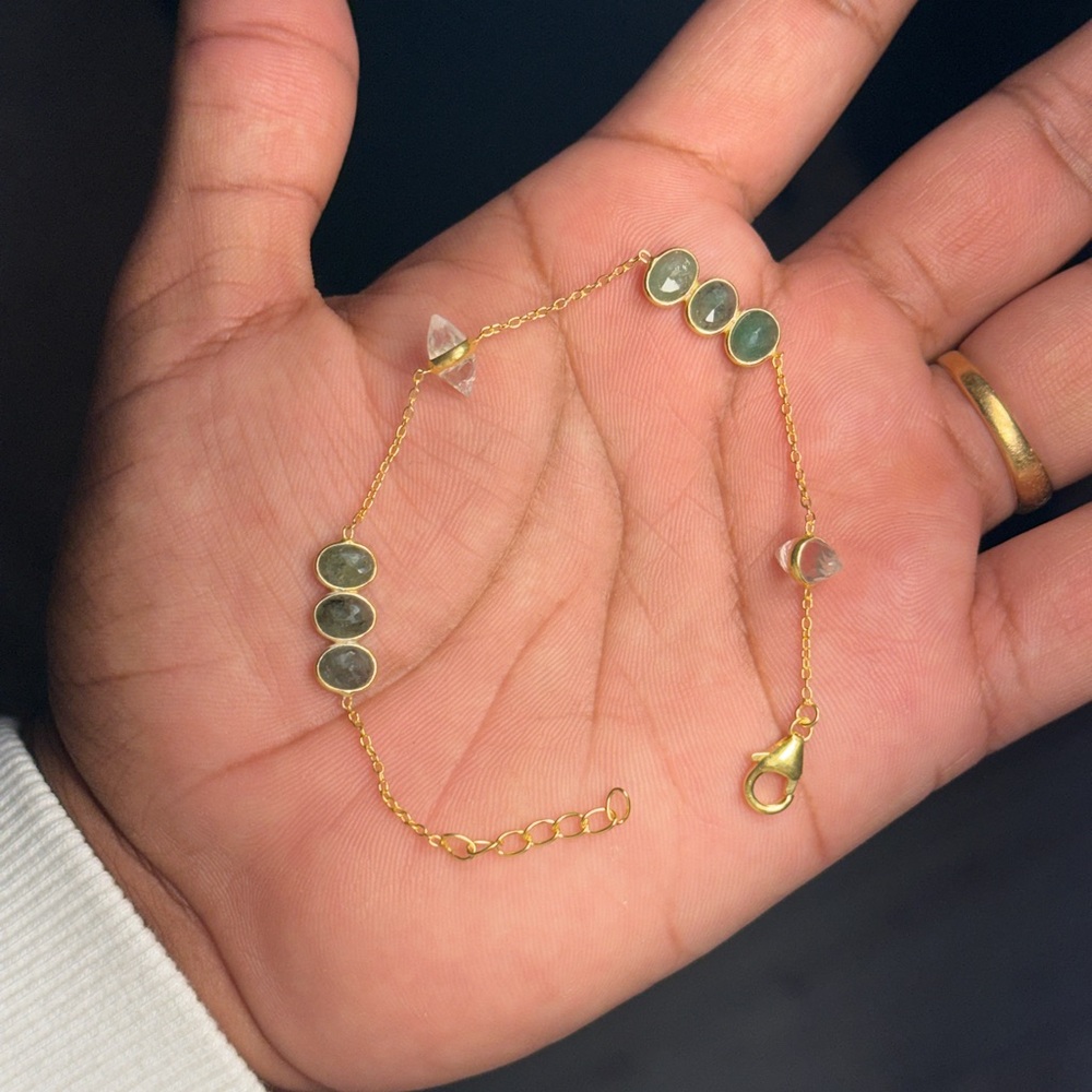 Natural Emerald & Rose Quartz Bracelet – 925 Sterling Silver 18K Gold Plated